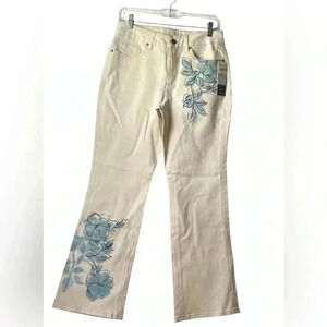 COLDWATER CREEK Pants Beige with Embroidered Blue Painted Florals Size 8 P